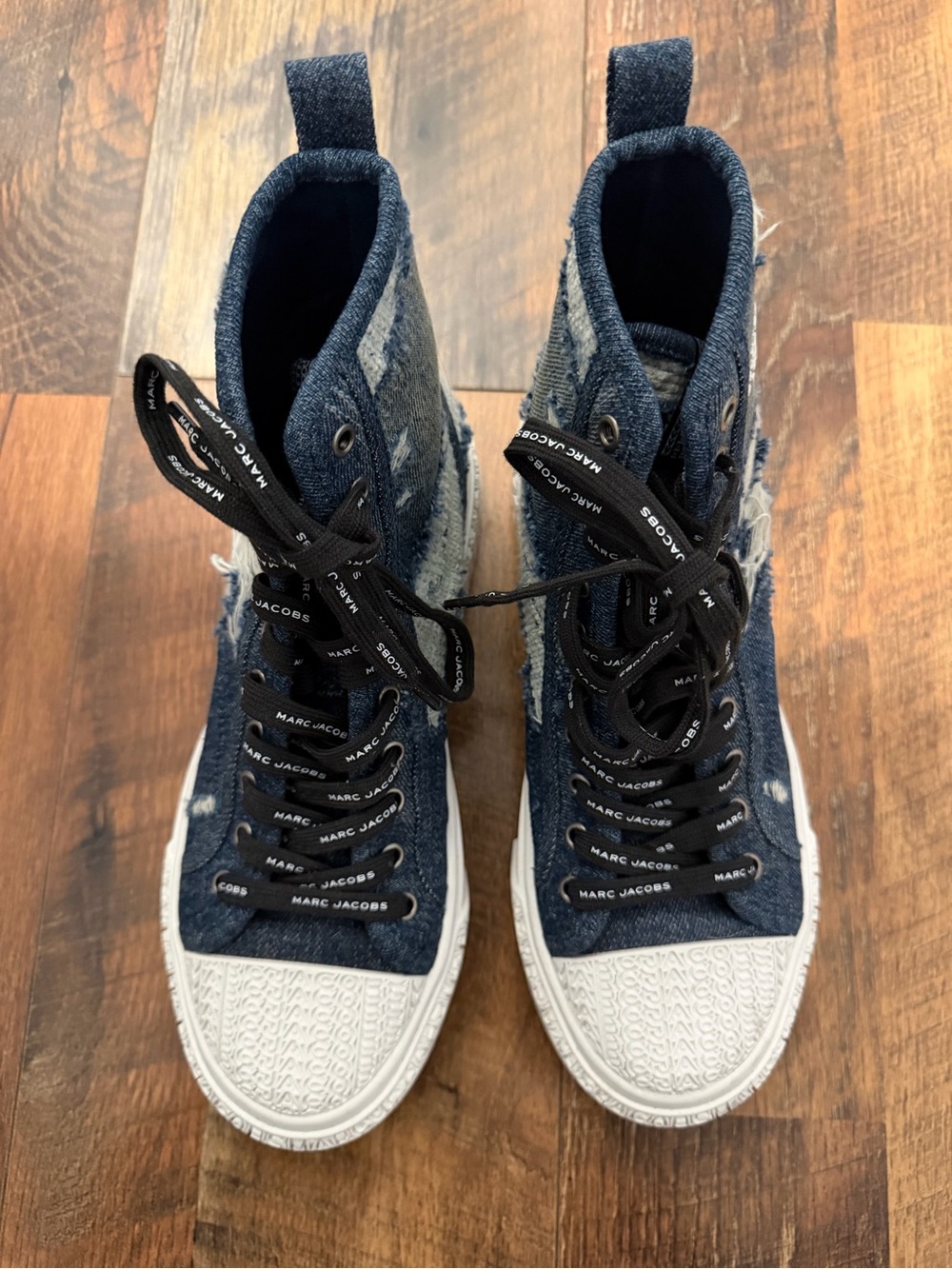 Marc Jacobs Dark Blue Denim High-Top Sneakers with White Soles
